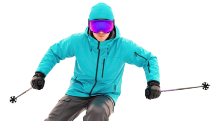 Skier in blue jacket and purple goggles, holding ski poles