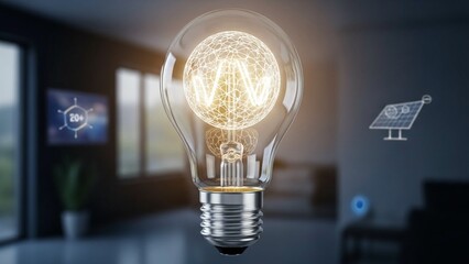 Glowing light bulb with innovative technology in a modern living room with smart home devices