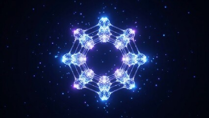 Glowing blue and purple geometric shape with connected nodes on dark background with starry night sky