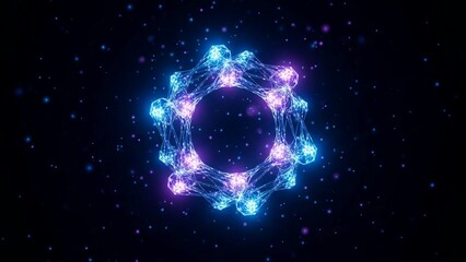 Glowing blue and purple neon network circle with connections on dark background with stars