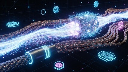 Glowing fiber optic cable transmitting data with futuristic neon lights and circuit board elements in a dark background