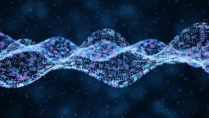 Glowing blue digital waveform with purple accents on dark background futuristic technology concept