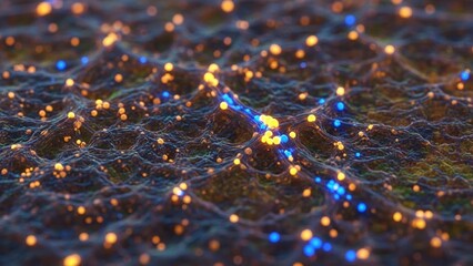 Glowing network connections with blue and orange lights on dark background representing technology and data transfer