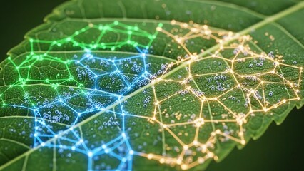 Vibrant network pattern on green leaf with blue and orange glowing lines natural background with water droplets