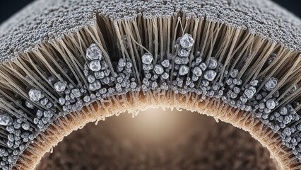 Close up of a textured brush with bristles and a hole in the center illuminated from within