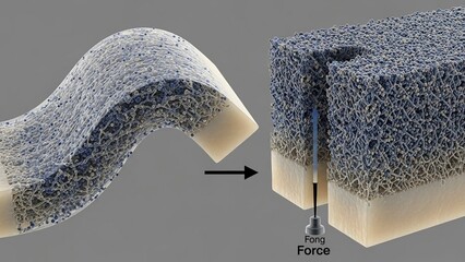 3d rendered porous metal implants bending and fracturing under force on gray background