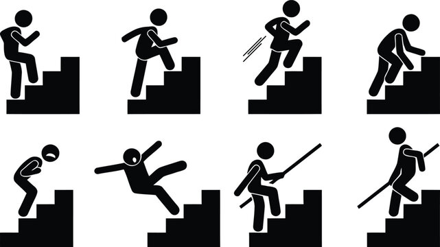 Stick figure climbing and falling down stairs illustration