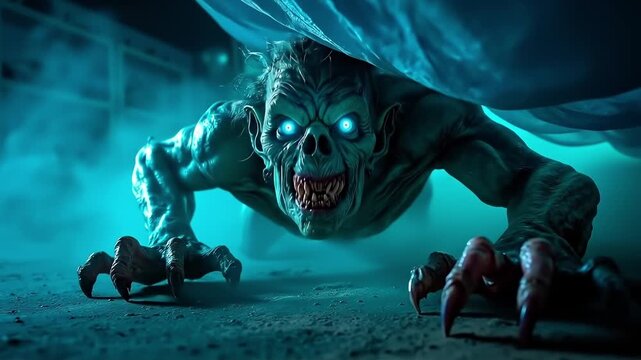 A creepy looking monster with blue eyes peeking out from under a sheet