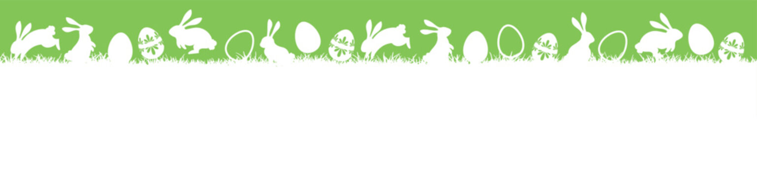 Seamless easter meadow panorama, bunny and egg silhouettes, grass vector border, easter spring banner