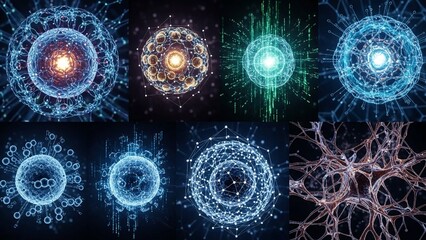 Glowing neural network connections and vibrant fractal patterns on dark background with radiant lights