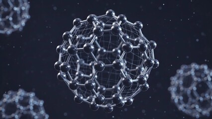 Molecular structure of buckminsterfullerene a spherical fullerene molecule against a dark blue background with smaller molecular structures