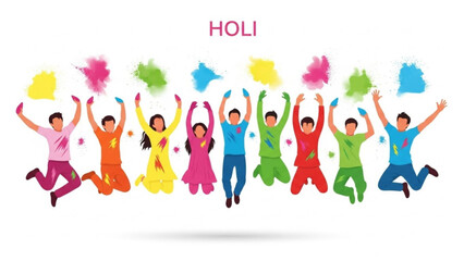 Obraz premium People Celebrating Holi Festival with Colorful Powder, Dancing and Jumping in Joy