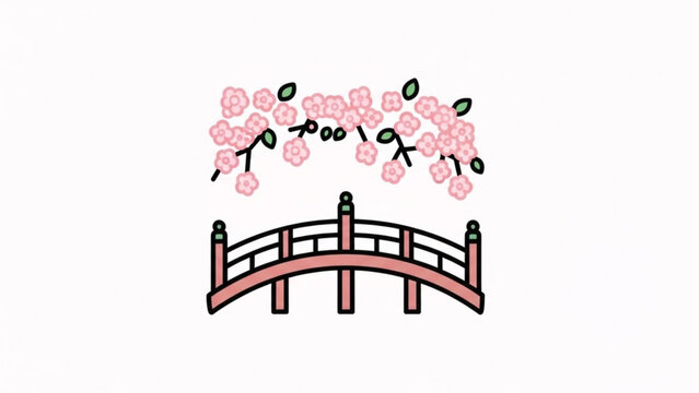 Pink Cherry Blossom Bridge Illustration Isolated on White