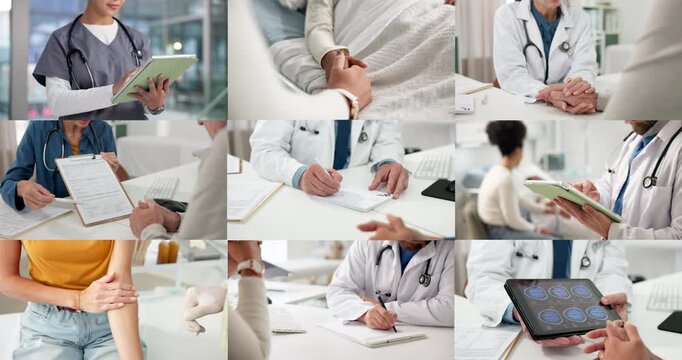 Healthcare, series and hands of doctors in clinic for medical service, support or health consultation. Montage, trust and professional people in hospital with telehealth, treatment planning and help