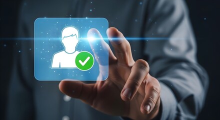 Hand selecting a user profile icon with a checkmark, representing digital identity verification or access.