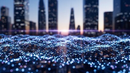 Glowing blue network connections in a futuristic cityscape at dusk with skyscrapers in the background