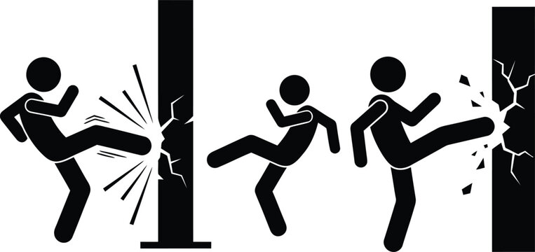 Stick figures kicking through walls demonstrating strength and impact