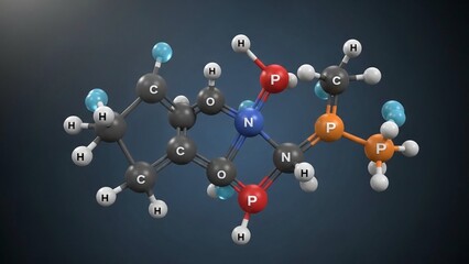 Molecular structure of organic compound with phosphorus and nitrogen atoms in 3d rendering dark blue background varying atom colors