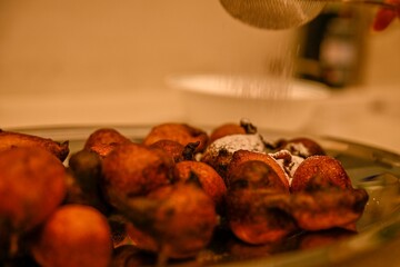 High resolution image of the preparation of Homemade Sufganiyot Donuts Frying in Hot Oil, Oily Boiling Close-Up for Hanukkah