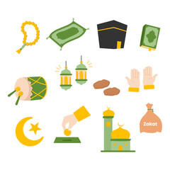 Ramadan Kareem and Eid Mubarak Islamic Icon Set, Flat Religious Vector Elements for Muslim Celebration and Fasting Month