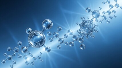 Molecular structure of water molecules in a blue gradient background with bright lighting and reflective surfaces