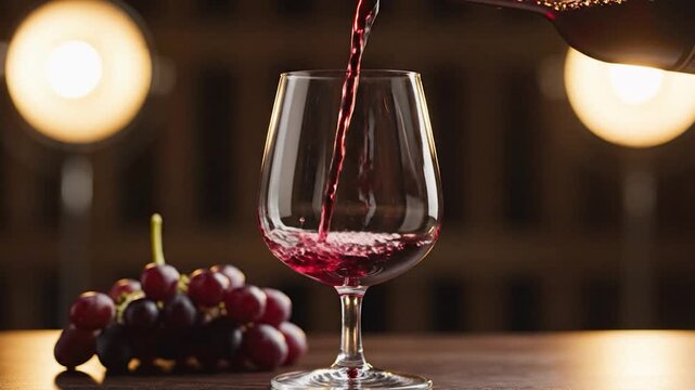 Red wine being poured into a clear glass with grapes beside