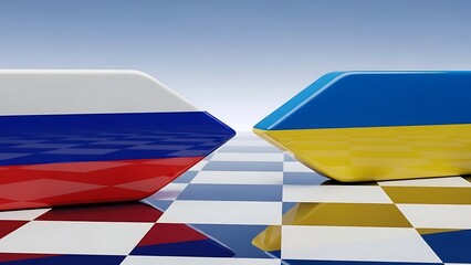 Russia and Ukraine flags facing each other on a chessboard symbolizing conflict and strategy