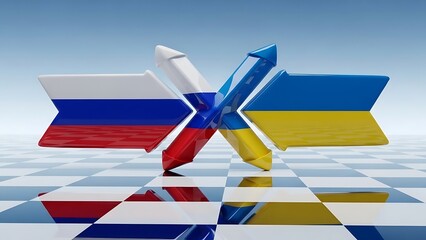 Russia and Ukraine flags as arrows colliding on a checkered board, symbolizing conflict