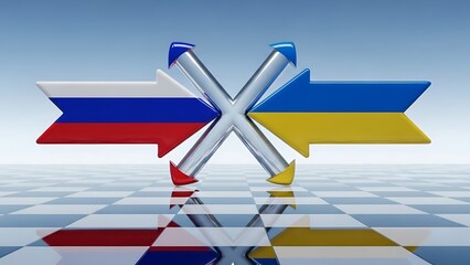 Russia and Ukraine flags as arrows colliding on a checkered board, symbolizing conflict
