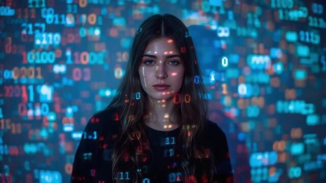 Futuristic Woman Portrait with Digital Data and Code Overlay