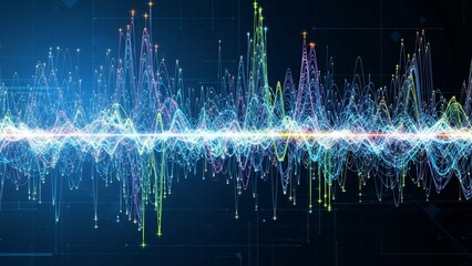 Vibrant sound wave visualisation with bright blue and green tones on dark background representing music and audio signals
