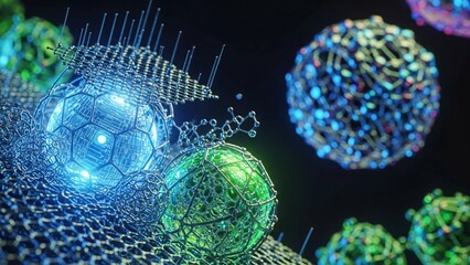 Vibrant molecular structures with glowing blue and green spheres in a dark abstract scientific background with intricate details and textures