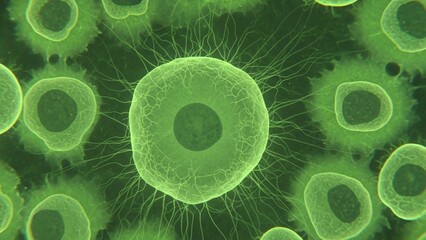Microscopic view of green fluorescent cells with thin extensions on a dark background detailed cellular structure