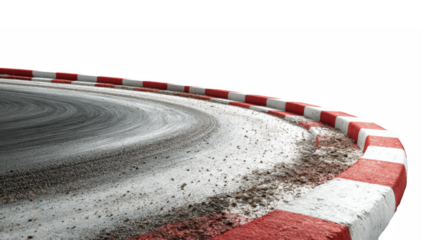 Close up of a curving race track with a red and white striped curb and tire marks
