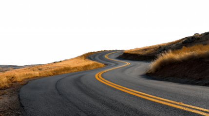 Scenic winding road with golden grass hills and double yellow lines, inviting a journey