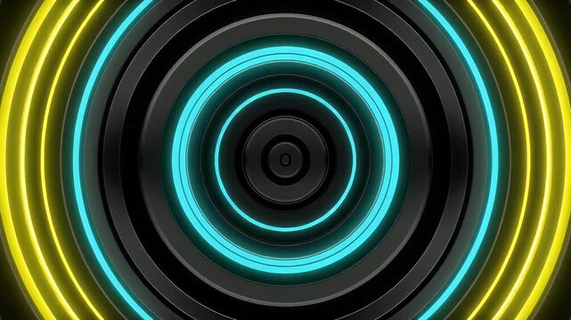 Concentric circles of black, white, yellow, and cyan glow create an abstract, futuristic tunnel effect.