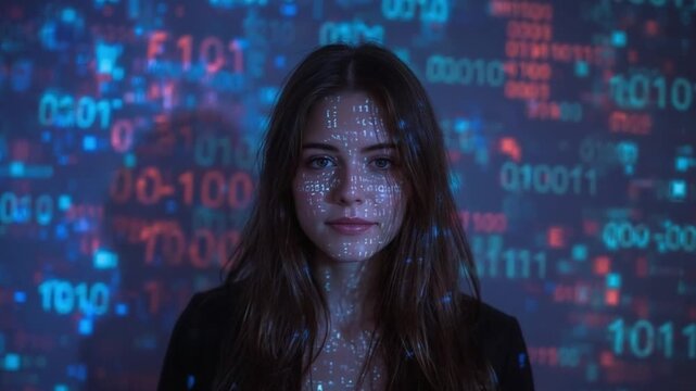 Futuristic Woman Portrait with Digital Data and Code Overlay