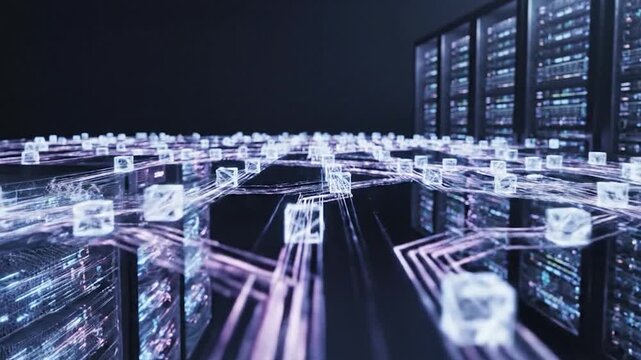 Rows of glowing server racks connected by digital data streams and cubes
