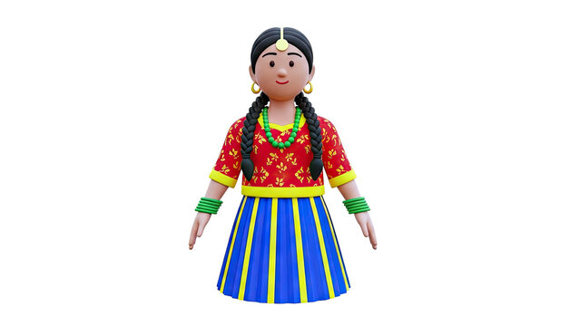 3D cartoon girl in traditional Nepali attire