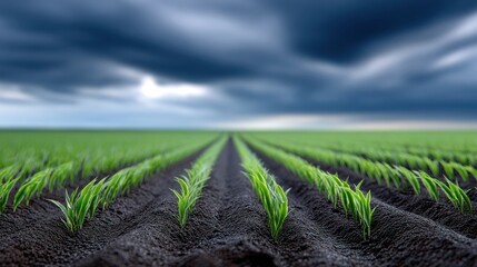Green rice plants grow in neat rows under a cloudy sky in a field during early morning