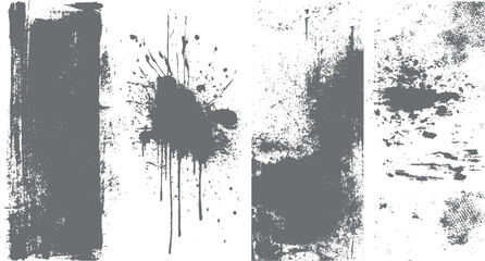 Vector black grunge stains with liquid splash and graffiti texture elements. Distressed textured banner elements with halftone dots and screen print effect.  © VECTOR HOUSE