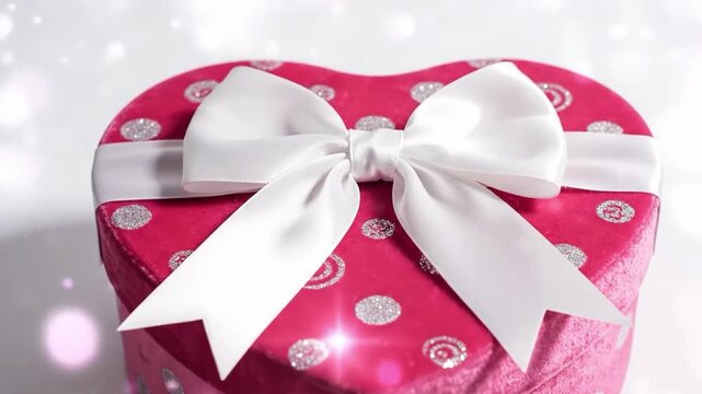 Pink heart shaped gift box with white ribbon and silver dots