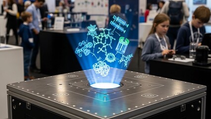 Futuristic technology display with glowing blue molecular structures on a metal platform at a conference or exhibition with people in the background
