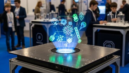 Innovative technology exhibition with glowing blue icons and people in business attire interacting in the background