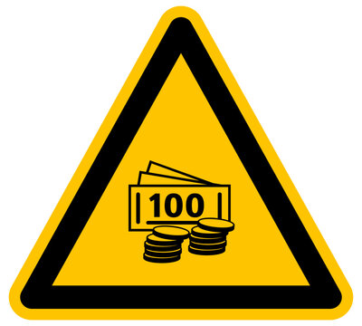 Cartel de advertencia de finanzas con billetes de cien y monedas icono de dinero y econom&iacute;a ilustraci&oacute;n vectorial