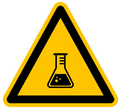 Se&ntilde;al de advertencia de laboratorio qu&iacute;mico con matraz y burbujas icono de peligro de sustancias ilustraci&oacute;n vectorial