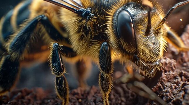 Close look at a bee crawling on a surface during daytime