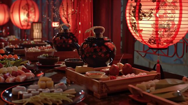Enjoying traditional food in a restaurant with many dishes on display