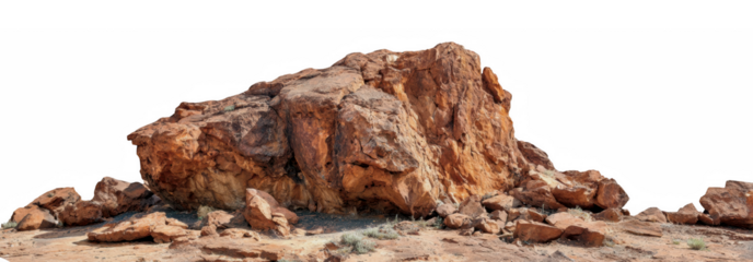 Rugged reddish-brown rock formation isolated on a sandy ground with sparse desert plants