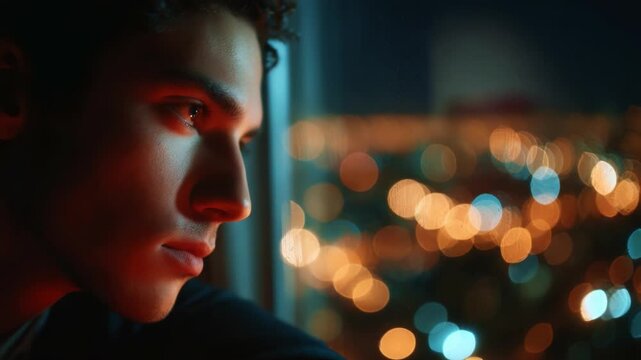 A Captivating Evening Reflection: A Thoughtful Young Man Gazes Out at the Vibrant City Lights, Lost in Contemplation Amidst the Sparkling Urban Landscape, Evoking Emotions of Solitude and Wonder